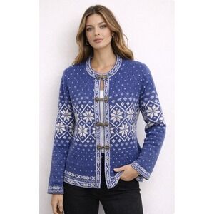 Coldwater Creek Nordic Fair Isle Snowflake Cardigan Blue Metal Clasp Sweater L